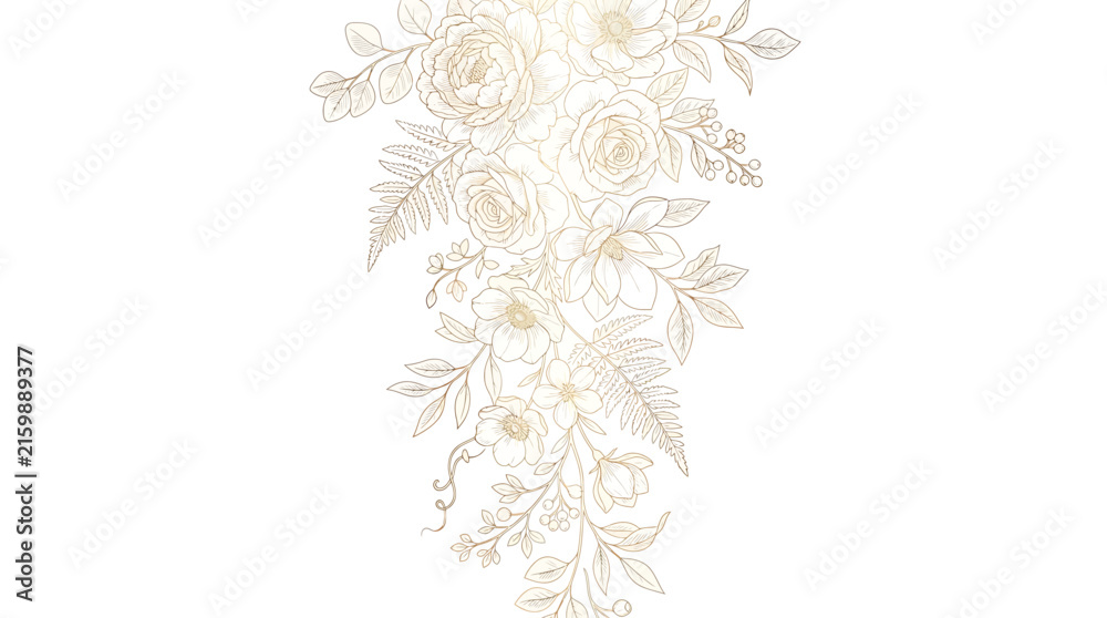 Naklejka premium Luxury gold line art floral cascading arrangement with roses