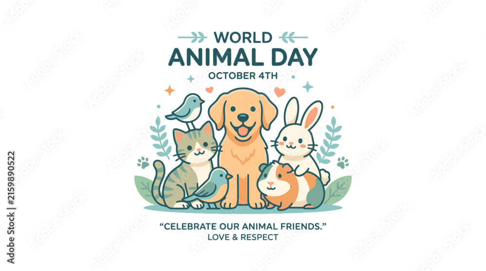 Fototapeta premium World Animal Day celebration poster with cute cartoon pets and birds illustration.