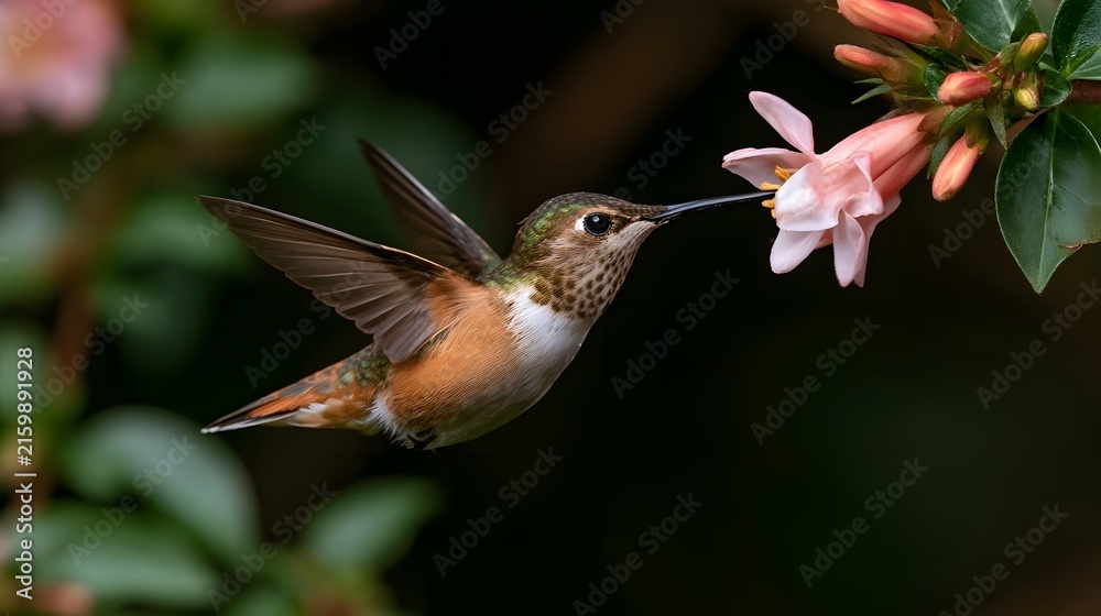 Naklejka premium A hummingbird hovers near a pink flower to sip nectar wings blurred by rapid motion against soft green foliage