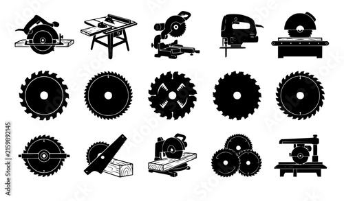 Foto Rotary saw blade and wood cutting silhouette icon collection with circular cutti