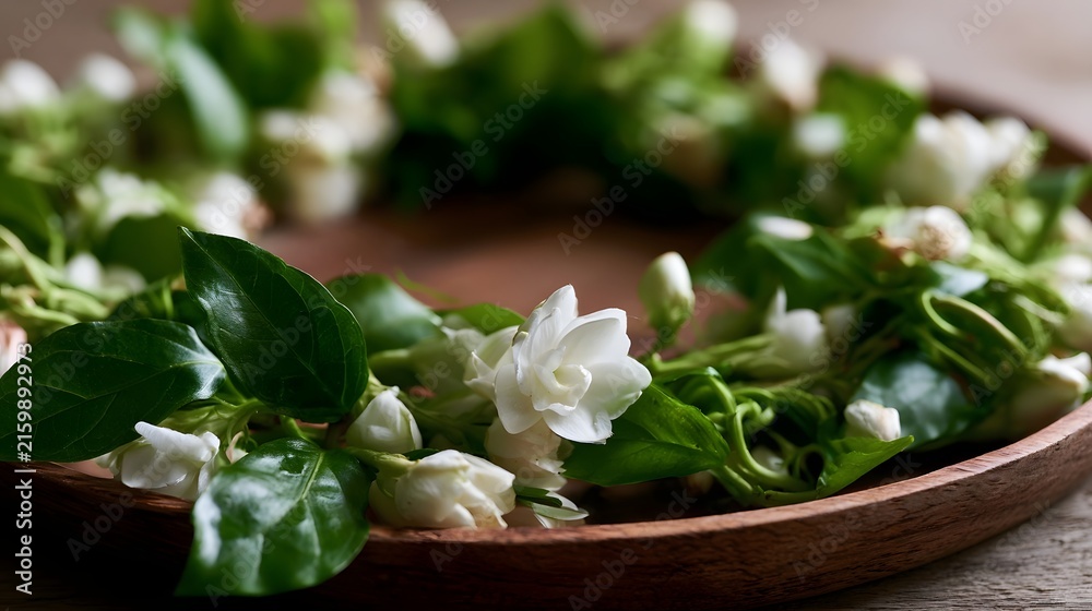 Fototapeta premium A delicate jasmine garland rests on a wooden tray showcasing fresh white blooms and glossy green leaves arranged in an elegant circular pattern