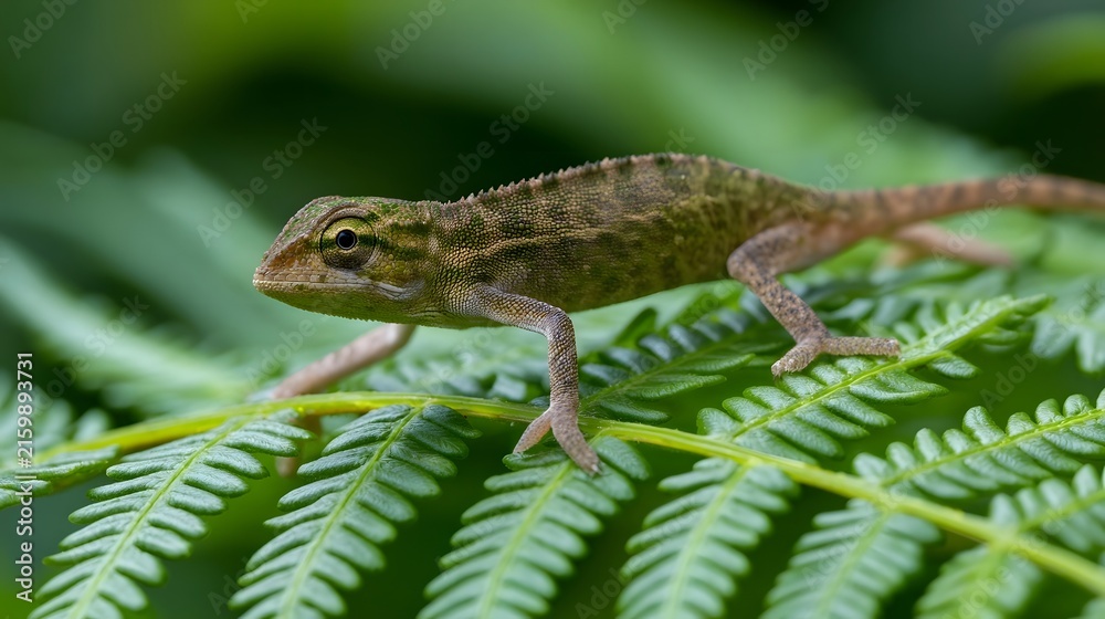 Fototapeta premium A small chameleon perches delicately on a vibrant green fern leaf blending seamlessly into its lush forest environment