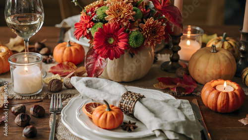 Rustic Thanksgiving dinner table setting with pumpkins and autumn flower centerpiece