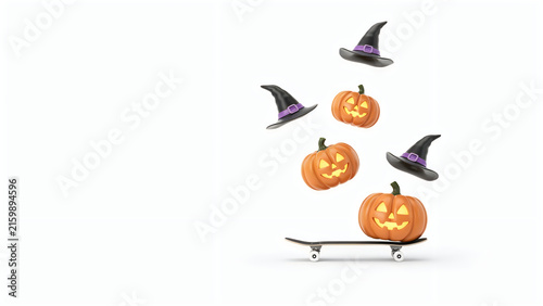 Floating Halloween pumpkins and witch hats on a skateboard isolated on white background