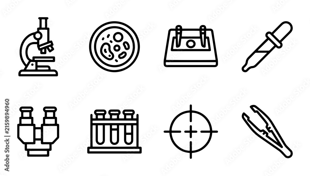 Fototapeta premium Science Lab Icons, Medical Research Symbols, Biology Equipment Graphics, Healthcare Technology Vector Set