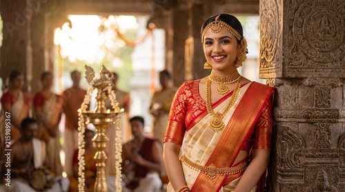 Indian bride in red and gold traditional saree smiling during wedding ceremony at temple