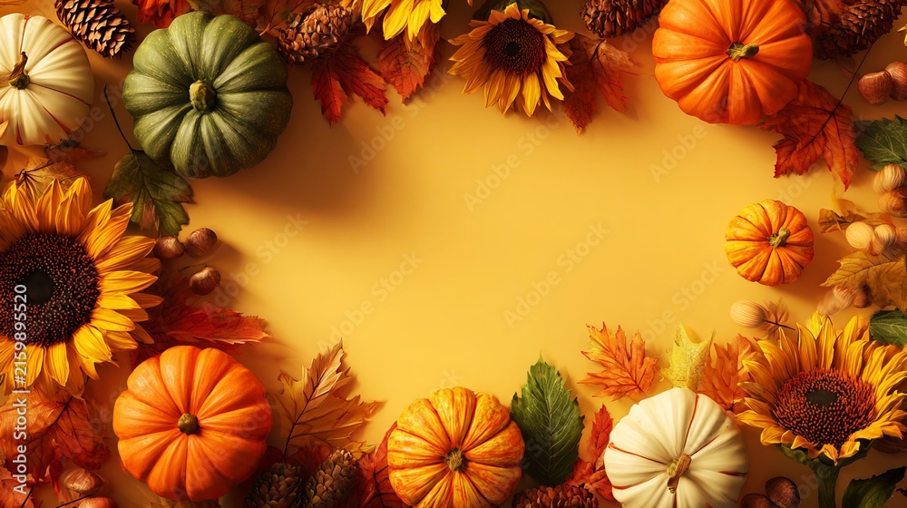 Fototapeta premium Vibrant autumn flat lay frame featuring colorful pumpkins sunflowers pinecones and dried maple leaves on a rustic yellow textured background