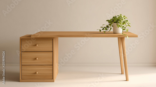 Minimalist Light Oak Extendable Desk Home Office Furniture Commercial Stock Photo