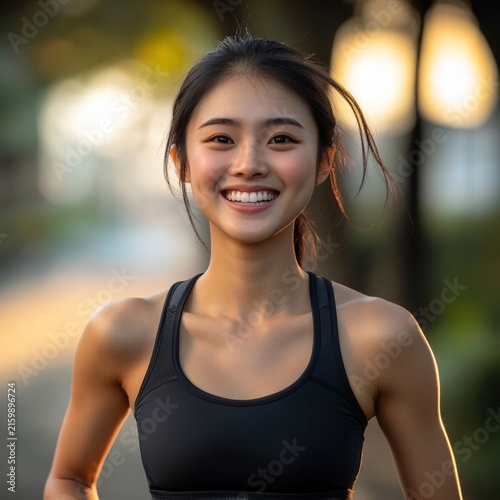 Happy Asian woman in sportswear smiles outdoors.