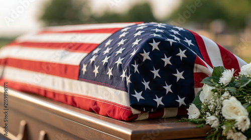Close-up of a folded American flag resting on a coffin beside fresh white flowers during a bright outdoor military funeral, veteran honor, remembrance, sacrifice, ceremony, patriotism,