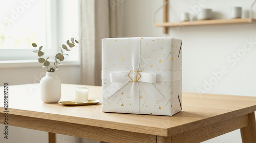 Elegant Wrapped Gift Box on Wooden Table with Vase and Minimalist Decor, White Present with Twine Bow in Bright Home Interior