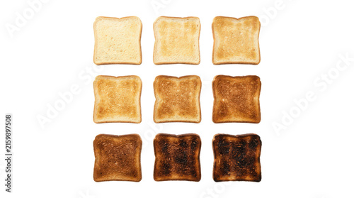 Nine slices of bread toasted to varying degrees of darkness isolated on transparent background