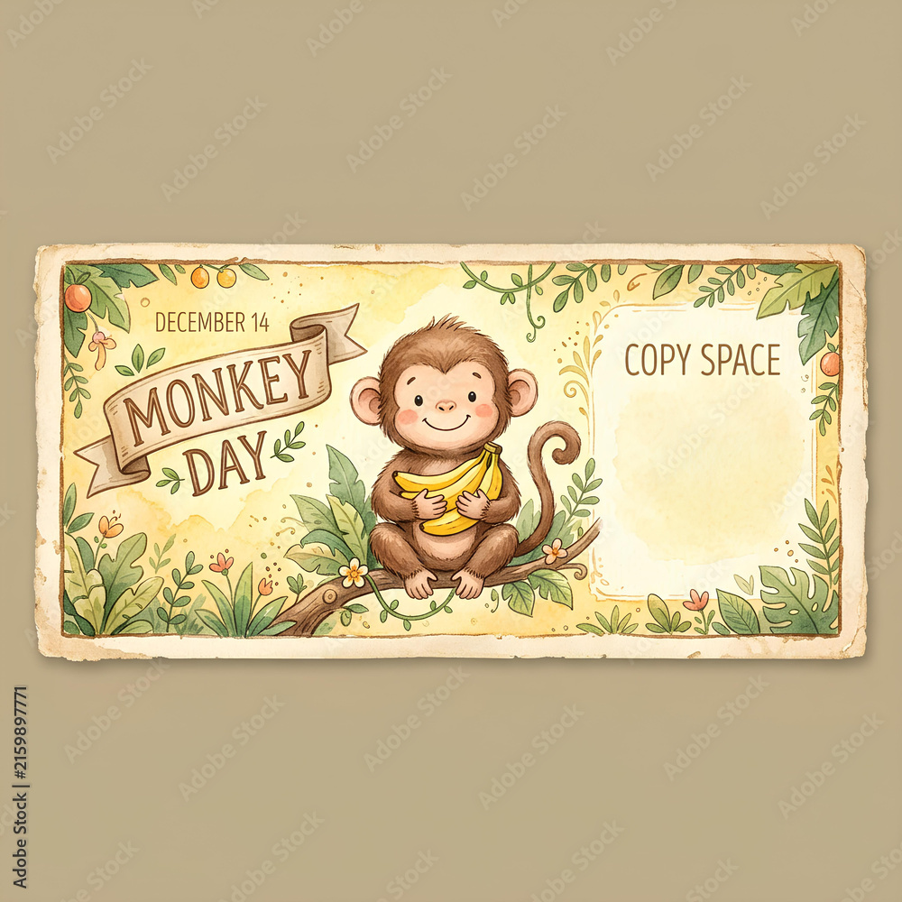 Fototapeta premium Vintage Monkey Day greeting card with cute cartoon monkey.