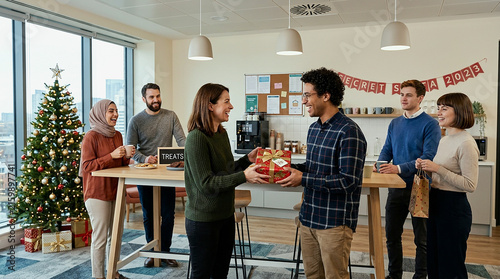 Coworkers Exchanging Christmas Gifts in Modern Office During Holiday Party, Colleagues Celebrating Together with Decorations and Festive Spirit