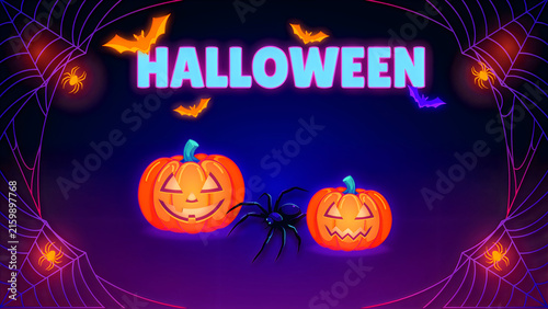 Halloween neon background with carved pumpkins, flying bats and spider web frame design.