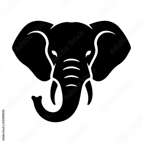 Canvas Print Black silhouette of elephant head facing forward isolated on white background wi