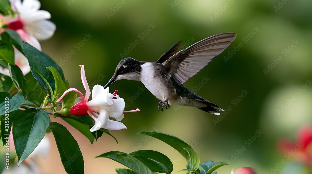 Naklejka premium A hummingbird hovers near a white and pink flower to sip nectar amidst lush green foliage