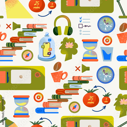Pomodoro Technique Productivity Seamless Pattern with Tomato Timer, Books, Clock, Hourglass, Checklist, Headphones and Focus Icons