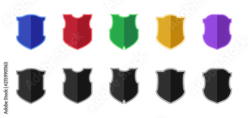 Set of monochrome and colorful shields, and safety stickers symbolizing protection and defense, stamps, and icons. Vector design elements for security indications.