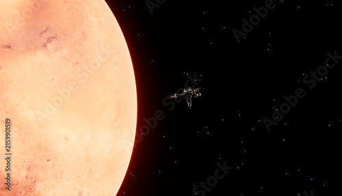 A large planet and a distant space station are depicted in outer space