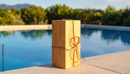 Wooden Gift Box by the Pool - A Moment of Relaxation and Anticipation.