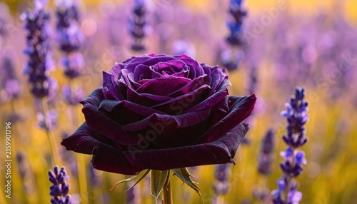 Mysterious Dark Purple Rose Amidst Lavender Field - A Floral Dream.