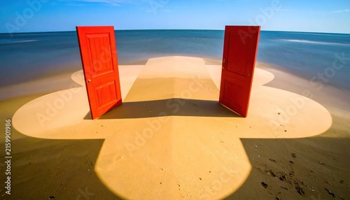 Surreal beach scene with two red doors leading to the ocean.