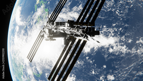 A space station orbits earth with solar panels extended in space