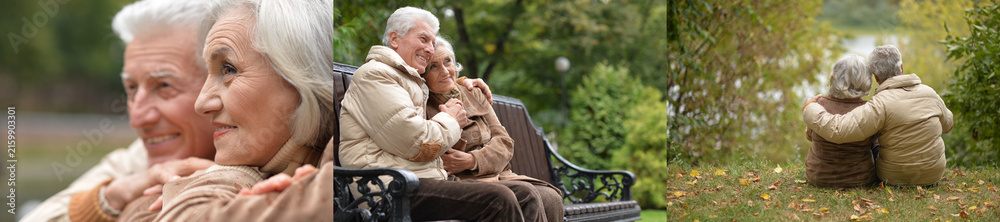 Fototapeta premium Happy elderly couple sitting on park bench and embracing outdoors