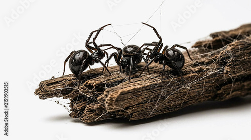 Black spiders crawling on tree branch with spider web, creepy crawly insects group isolated on white background, Halloween spooky nature concept for horror and wildlife photography design