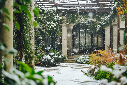 Snowy garden path surrounded by greenery and elegant columns.