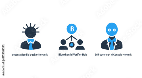 Decentralized identity and blockchain verification icons showing decentralized identifier router network hub and console with decentralized identity blockchain verification technology security