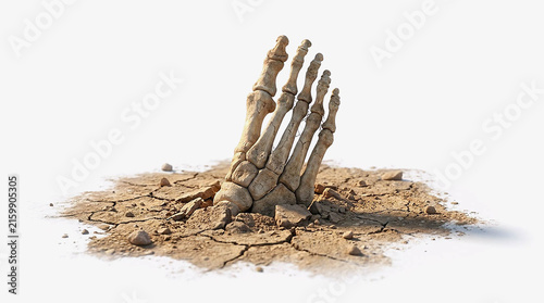 Skeleton Foot Emerging from Cracked Ground Isolated on White Background, Spooky Halloween Zombie Bone Rising from Grave Concept