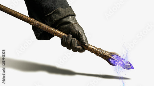 Wizard Hand Holding Magic Wand with Purple Glowing Crystal Isolated on White Background, Fantasy Sorcerer Spell Casting Staff Concept