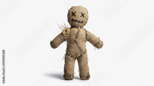 Creepy Voodoo Doll with Stitched X Eyes and Pins Isolated on White Background, Handmade Burlap Rag Doll for Halloween Horror Decoration Concept