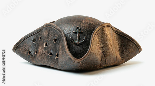 Old Leather Pirate Hat with Anchor Emblem Isolated on White Background Vintage Tricorn Weathered Headwear 3D Render Illustration Costume Accessory