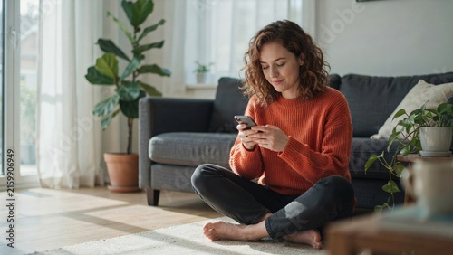Young woman with curly hair sitting on living room floor using mobile phone device daily with scrolling her smartphone depicts relaxed young