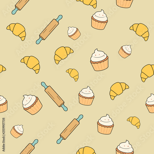 Seamless pattern vector of small cute bakery items with croissants and cupcakes on light beige background.