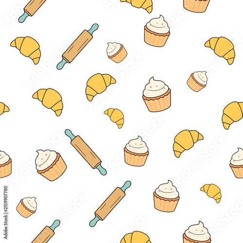 Cute seamless pattern of tiny bakery icons including mini croissants and cupcakes on transparent background.