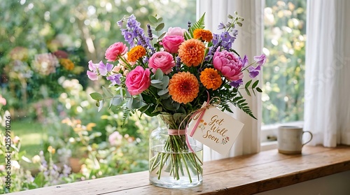 Beautiful colorful spring flower bouquet in a glass vase with a get well soon card on a wooden windowsill