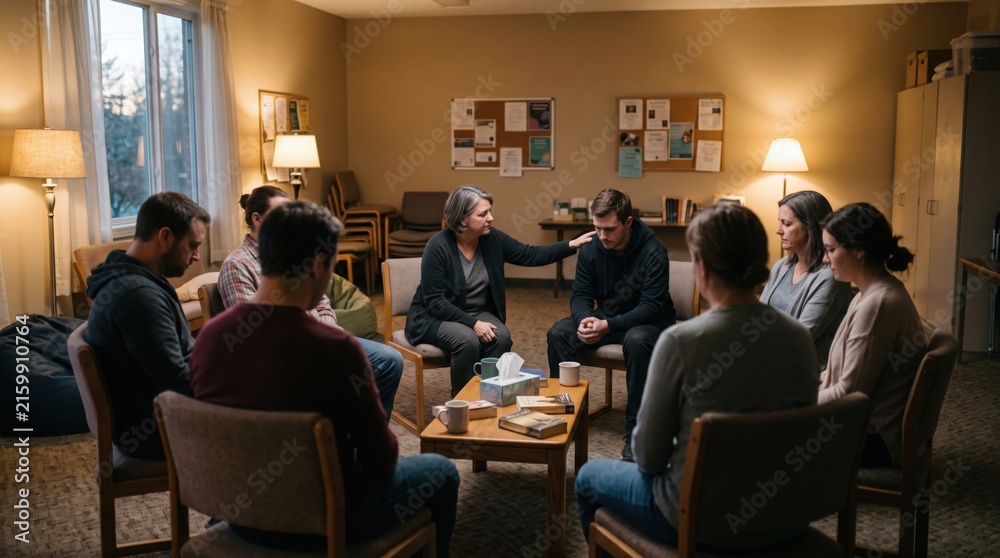 Obraz premium Diverse group of people sitting in a circle for a support group meeting, woman comforting a man in a quiet, warmly lit community room