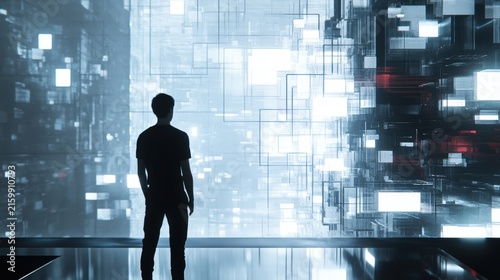 Man contemplates a futuristic digital landscape.