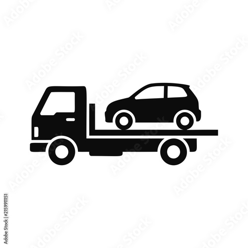 Flatbed tow truck carrying a small car icon on white background