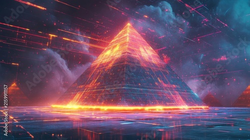 Futuristic pyramids glow in neon light.