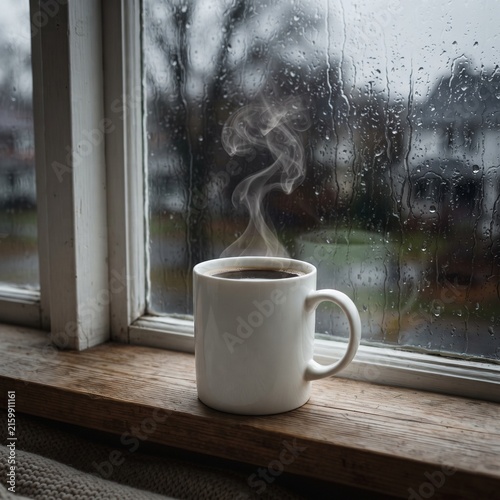 Steaming coffee mug on rainy window sill, hot drink in white ceramic cup, cozy autumn morning atmosphere with raindrops