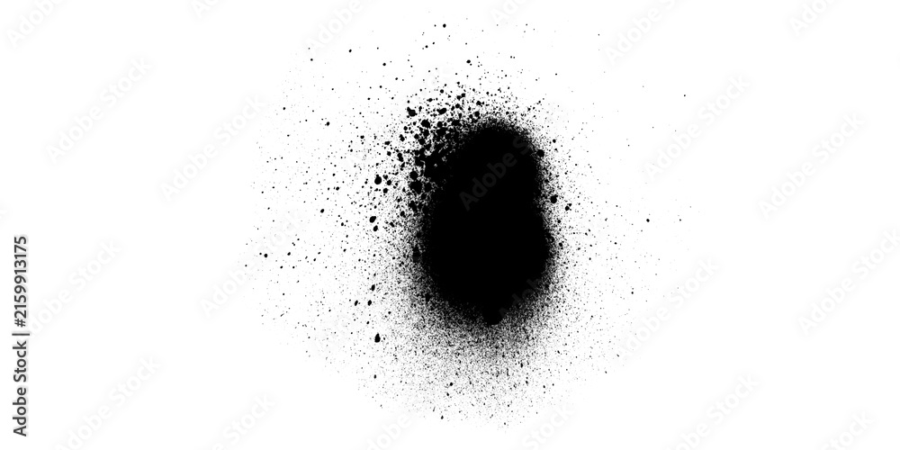 Fototapeta premium Black Spray Paint Splatter Round Blob with Dense Scattered Dots and Specks on White Background, Grunge Ink Texture, Distressed Aerosol Spray Spatter Design for Overlay Element