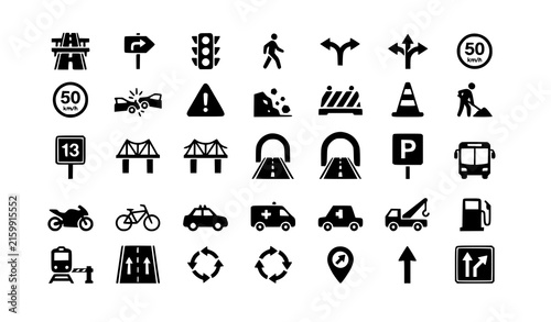 Highway Safety and Transportation Blue Flat Icons — Road Sign Vector Collection