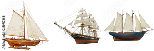 Photography Three different sailing ship models isolated on a white background