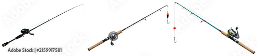 Konstfotografi Three fishing rods with reels and tackle, isolated on a white background