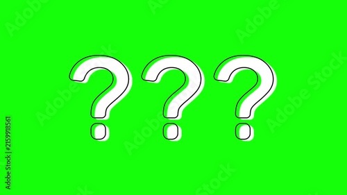 Animation Three white question marks with black outlines are prominently displayed on a solid bright green background, symbolizing questions, uncertainty, and the search for answers.